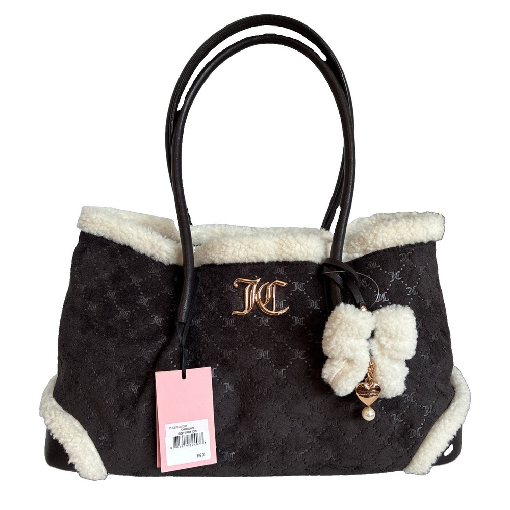 JUICY COUTURE~ Brown/Beige Logo Medium Tote w/ Faux Fur Trim Gold Charm. NWT